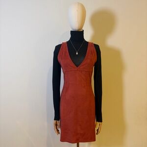 MISSGUIDED Burnt Orange Faux Suede Mini Pinafore Dress V-Neck US 6 NWT